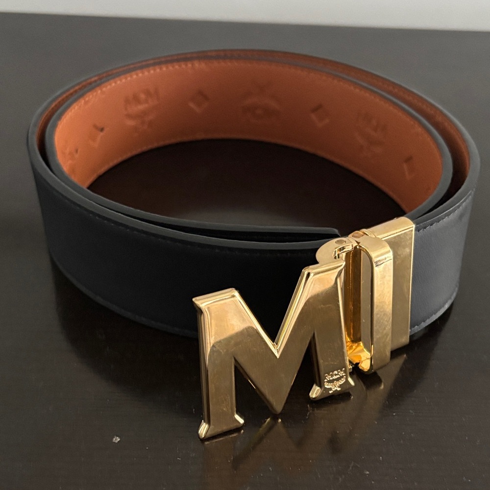 MCM Black Leather Belt with Gold M Buckle and Tan Interior